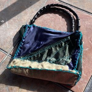 Handmade  Satin Wool Bag ,Bamboo handled